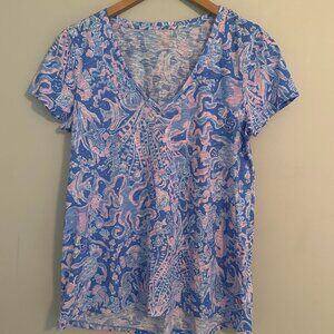 Lilly Pulitzer Etta V-Neck Top Short Sleeve T-Shirt 100% Cotton - Medium